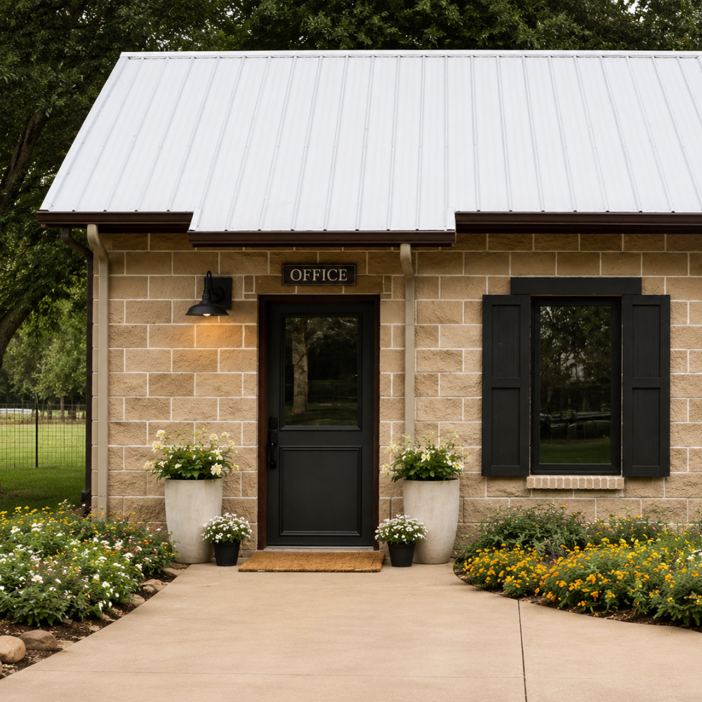 DIY black wood shutters installed beside a black-framed window on a tan stone home office with a white metal roof, surrounded by colorful flower beds and farmhouse landscaping, showcasing an easy DIY exterior shutter project for added curb appeal.