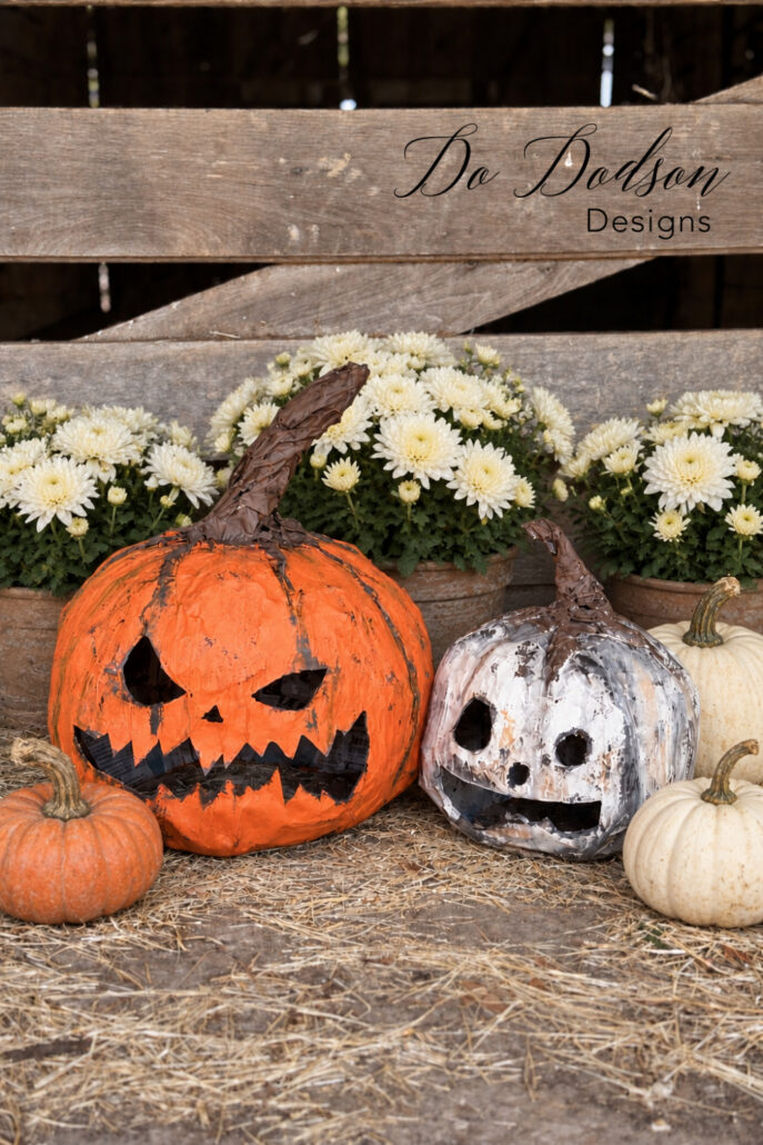 Orange and white paper mache pumpkin heads displayed with creamy mums and real pumpkins in front of a rustic barn gate.