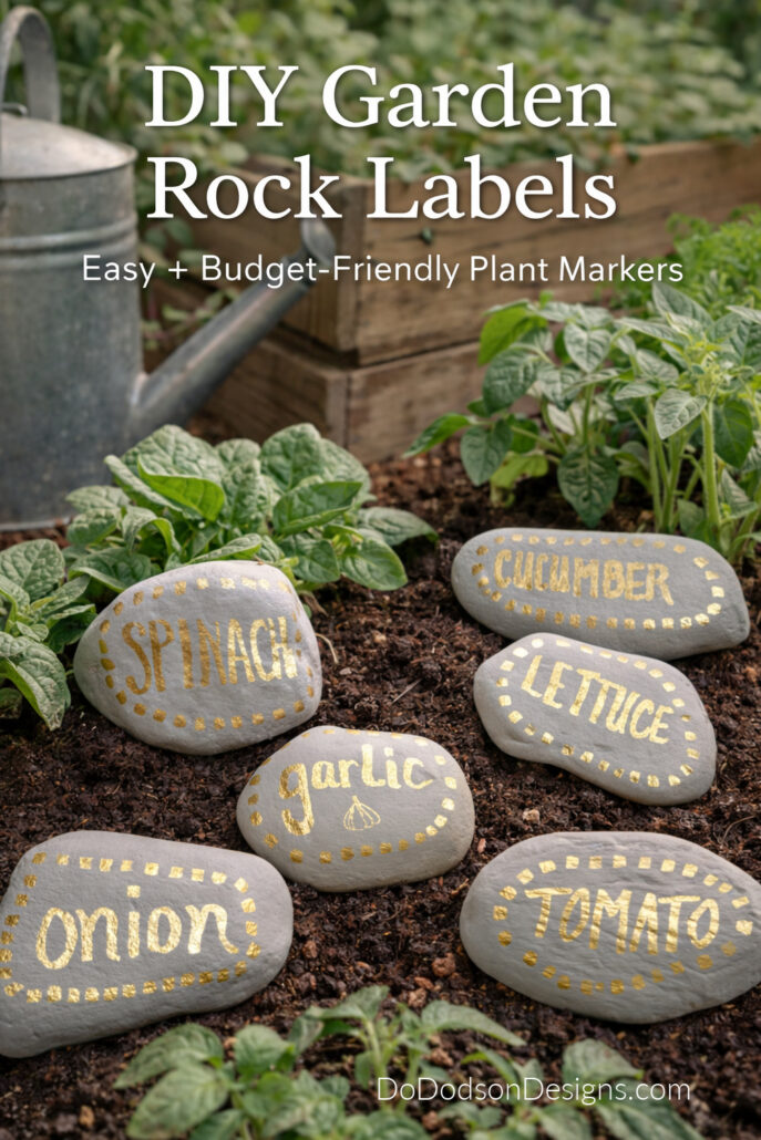 Hand-painted garden rocks used as plant markers labeled spinach, cucumber, lettuce, garlic, onion, and tomato, placed in soil among growing vegetable plants in a rustic garden bed.