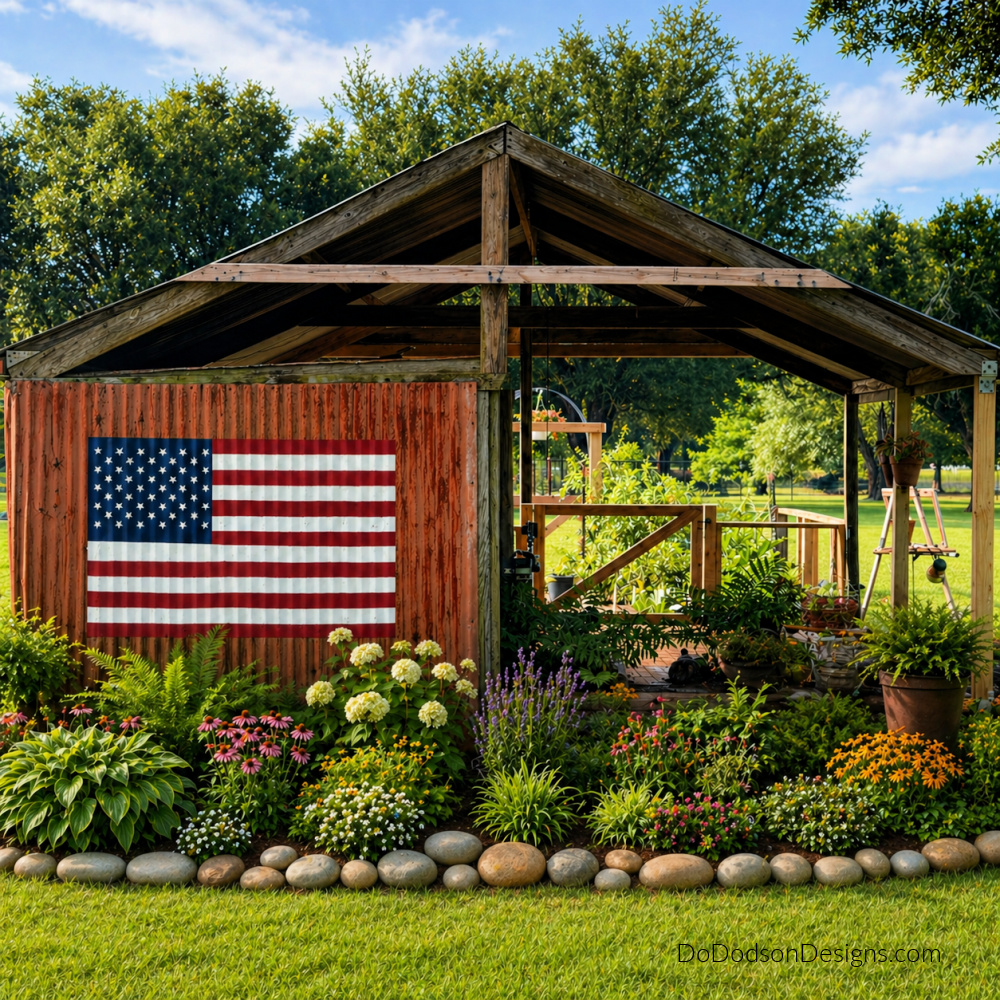 Rustic garden shed with a covered porch and an American flag painted on the side, surrounded by a lush flower garden and bordered with smooth river rocks of varying sizes in a bright, sunny backyard setting.