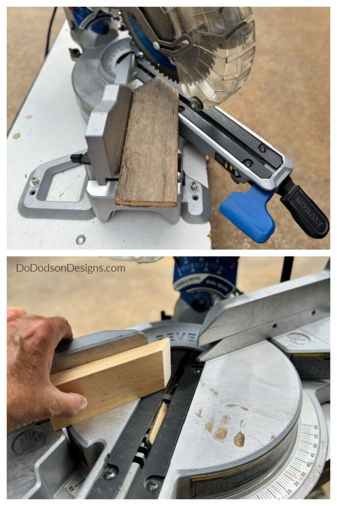 Cutting scrap wood at an angle with a miter saw to create roof pieces for decorative DIY birdhouses. This step helps form the classic peaked roof for small decorative bird houses used in garden decor.