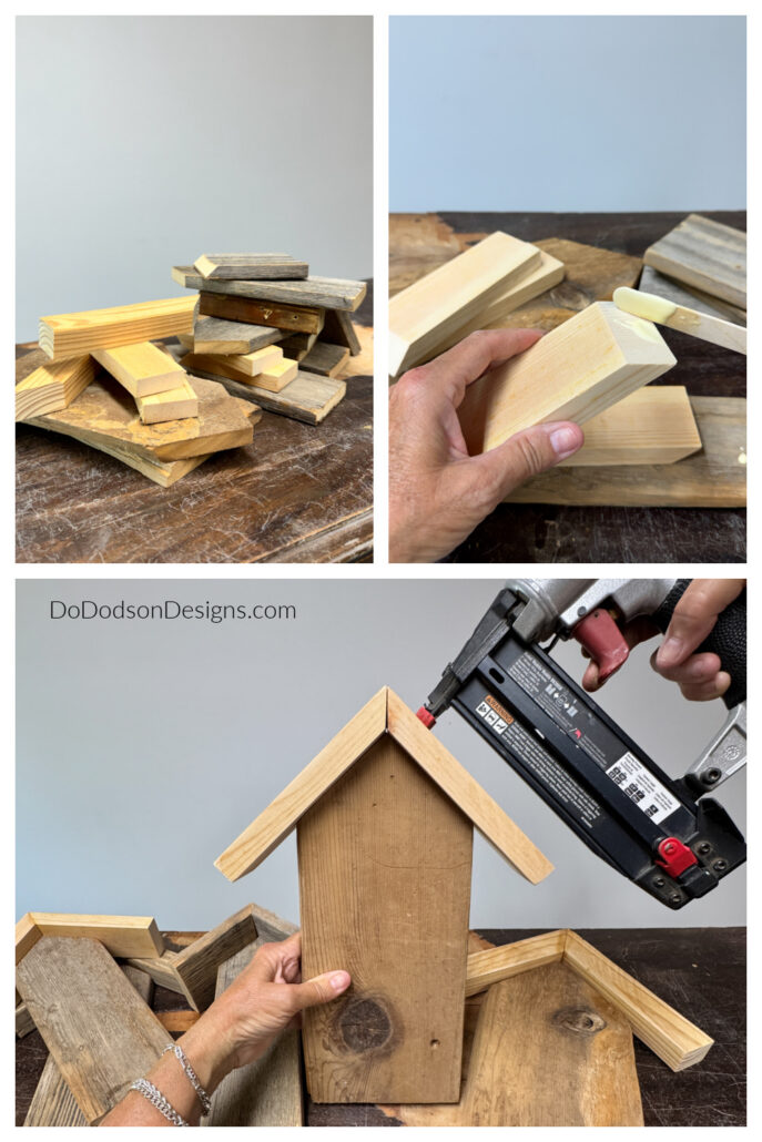 Preparing and assembling small wooden pieces to create decorative  bird houses. Scrap wood is cut, glued, and secured with a nail gun to form the base and roof for charming handmade birdhouses.