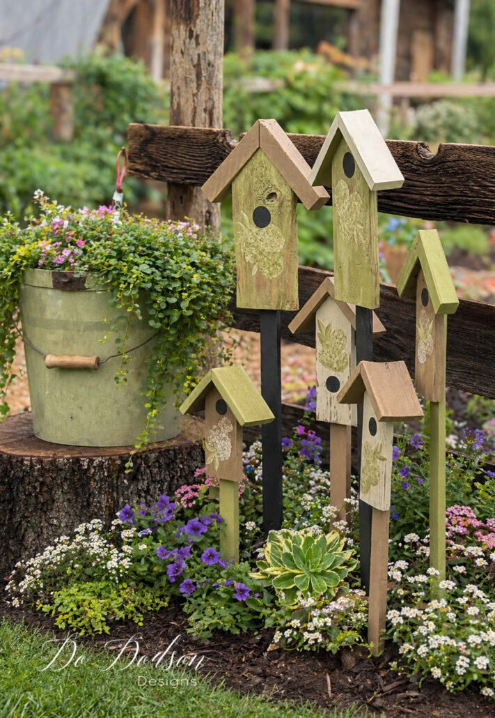 DIY decorative bird house stakes displayed in a backyard garden with colorful flowers and a rustic planter for cottage-style outdoor decor.