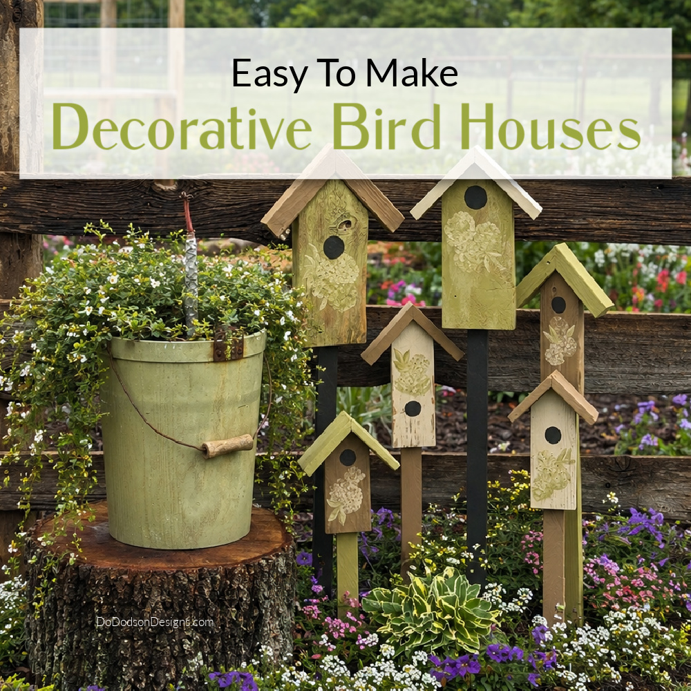 Easy to make decorative birdhouses displayed as garden stakes in a backyard flower bed with a hanging planter and cottage-style decor.