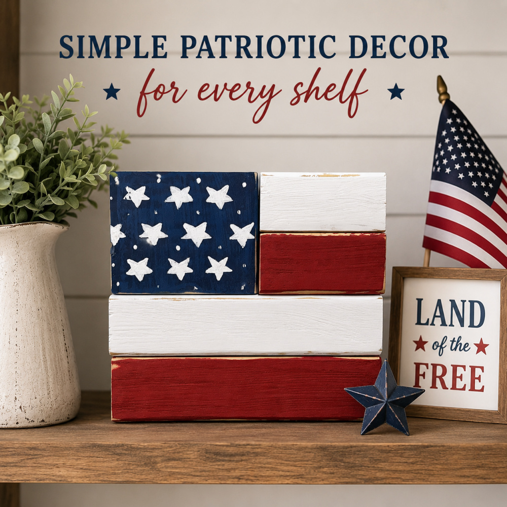 Patriotic DIY wood block flag displayed on a farmhouse shelf with greenery, an American flag, and simple rustic decor accents for easy 4th of July decorating ideas.