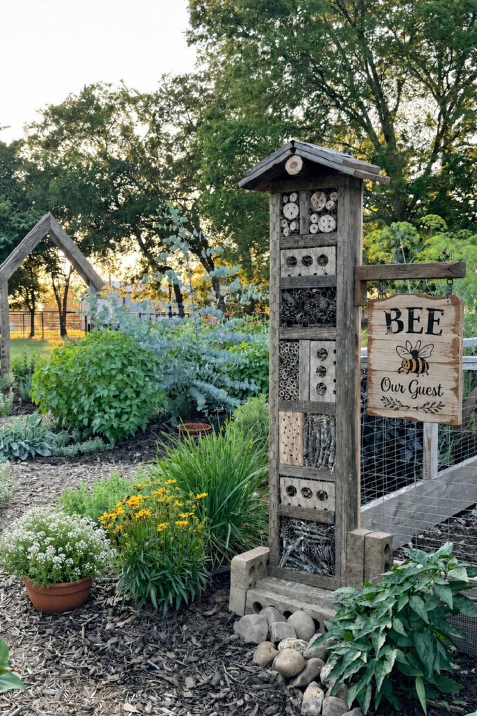 Tall rustic bug house standing beside a raised garden bed, filled with natural nesting materials such as drilled wood blocks, bamboo tubes, pinecones, and branches. A charming wooden sign reading &ldquo;Bee Our Guest&rdquo; hangs from the side, surrounded by blooming flowers, herbs, and lush greenery in a cottage-style pollinator garden at sunset.