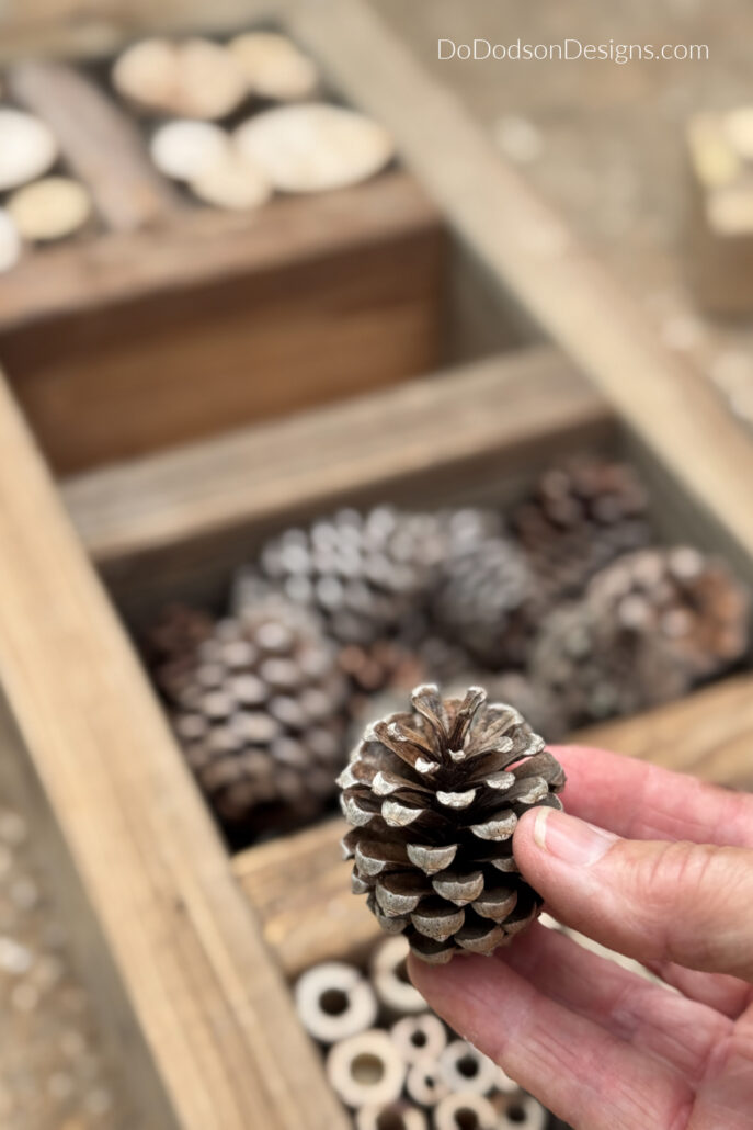 Close-up of a hand holding a pinecone while filling a compartment in a DIY bug house. The rustic insect hotel features sections made from wood slices, bamboo tubes, and natural materials that provide shelter and nesting spaces for pollinators and beneficial garden insects.