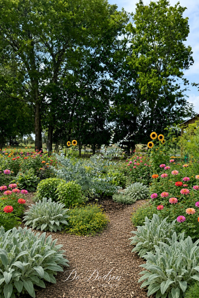 Bright cottage garden featuring a winding mulch path bordered with soft silvery lamb&rsquo;s ear, colorful zinnias in shades of pink, coral, and pale yellow, and lush green perennial plantings. A silver-blue eucalyptus shrub stands at the center of the garden, while mature shade trees frame the sunny backyard landscape, creating a peaceful and inviting garden retreat.