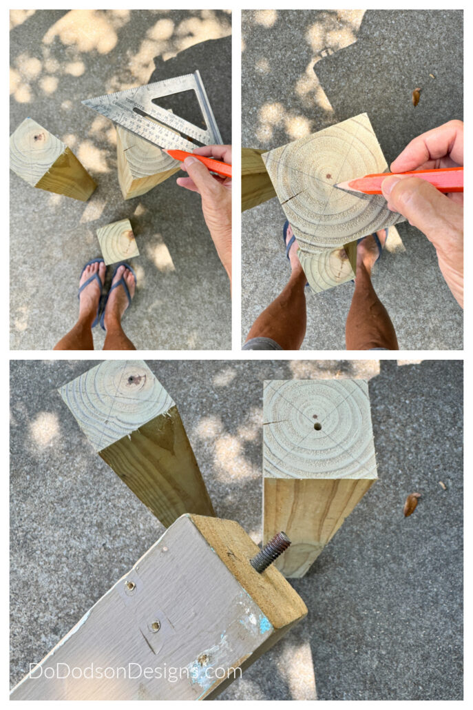 Collage showing the construction of a DIY garden totem pole from recycled materials. A person uses a speed square and pencil to mark angled cuts on pressure-treated wood posts before drilling a center hole for threaded rod assembly. The step-by-step photos demonstrate how scrap wood pieces are prepared and connected to create the base structure for a hand-painted garden totem pole and homemade garden art project.