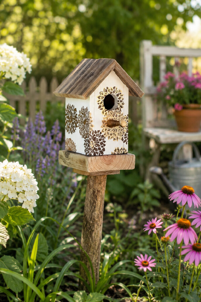 DIY decorative wooden birdhouse with a rustic stained roof and vintage floral design displayed on a wooden garden stake. The handmade birdhouse is surrounded by blooming hydrangeas, coneflowers, and cottage garden flowers, creating a charming farmhouse-inspired garden accent.