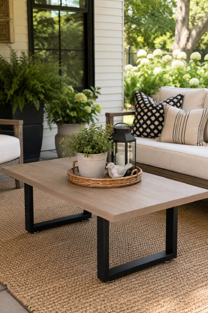 DIY outdoor coffee table with a leftover butcher block wood top and black metal legs styled on a modern farmhouse patio. The table is decorated with a woven tray holding a potted plant, black lantern, and decorative bird, surrounded by neutral outdoor furniture, lush ferns, hydrangeas, and a natural fiber rug.