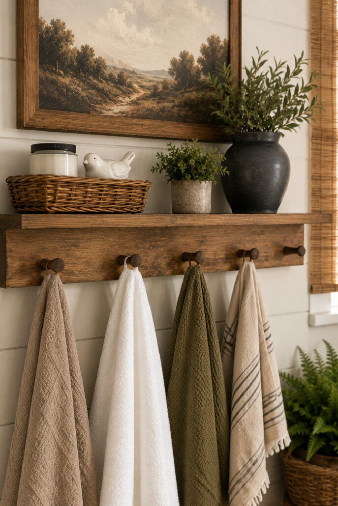 DIY wooden peg rail shelf with four pegs mounted on a farmhouse shiplap wall, styled with a woven basket, candle, ceramic bird, potted greenery, and a black vase with olive branches.