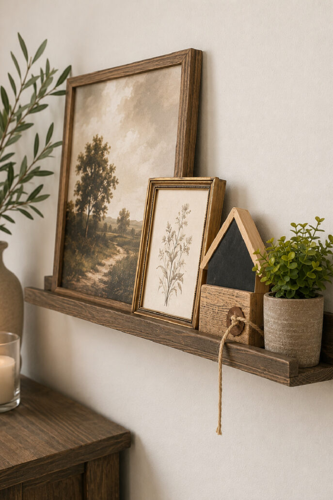 DIY wooden picture ledge shelf styled with layered framed artwork, a small wooden house accent, a potted faux plant, and a lit candle. The rustic floating shelf creates a warm modern farmhouse wall display with simple neutral decor.