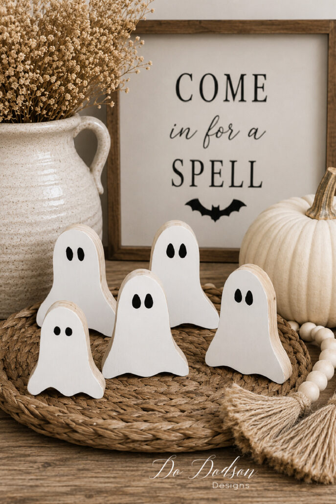 DIY wooden ghost decor displayed in a cozy neutral farmhouse Halloween vignette. Five handcrafted white wooden ghosts with natural wood edges are arranged on a woven tray beside a cream ceramic crock filled with dried stems, a white heirloom pumpkin, and wooden bead garland, creating a simple, rustic Halloween display on a weathered wood table.