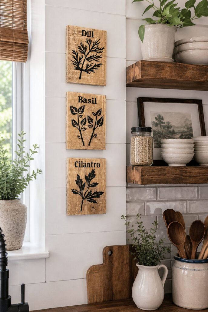 Three DIY wooden herb signs labeled Dill, Basil, and Cilantro displayed on a white shiplap kitchen wall. The rustic botanical wall art is styled with open wood shelves, ceramic crocks, cutting boards, potted greenery, and neutral farmhouse kitchen decor.
