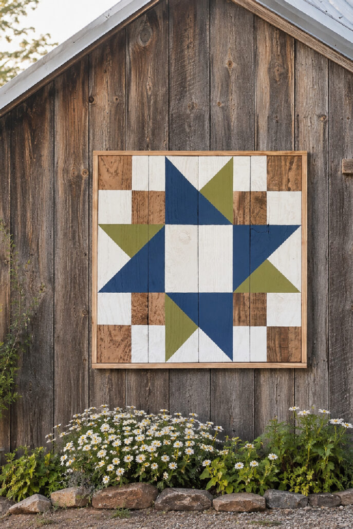 DIY geometric barn quilt project was handcrafted from leftover wood and painted in navy blue, olive green, white, and natural wood tones, displayed on the exterior of a rustic weathered barn.