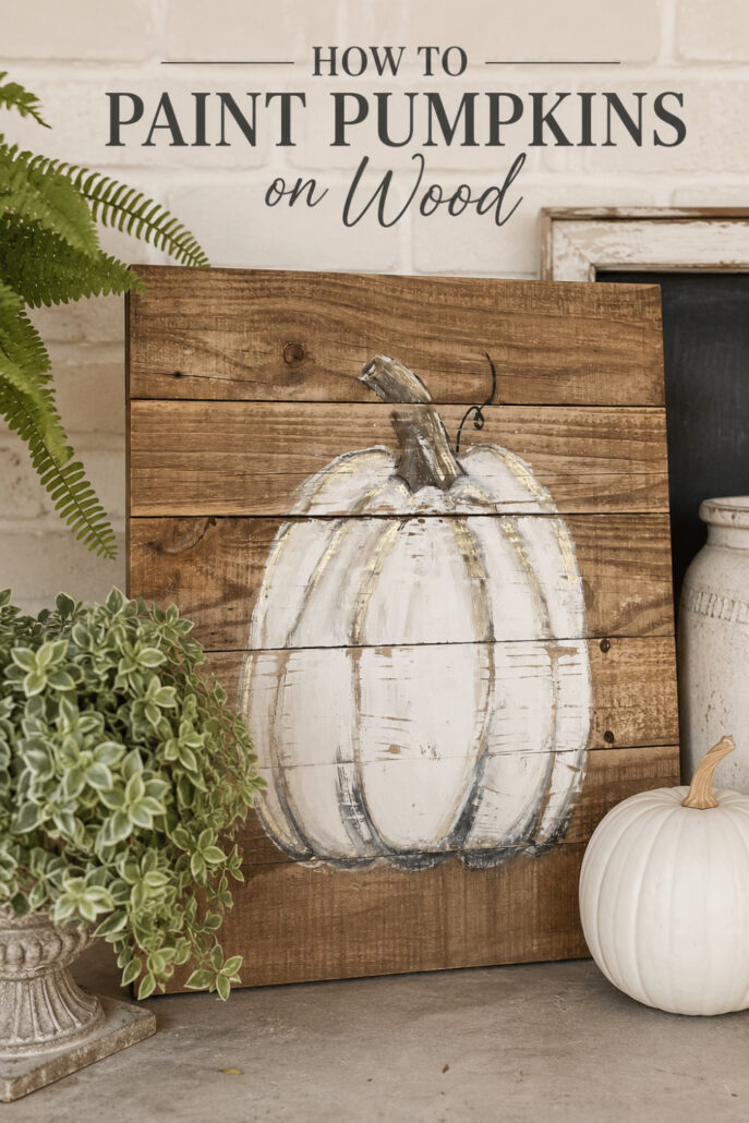 Hand-painted white pumpkin on a rustic reclaimed wood sign displayed in a cozy neutral farmhouse fall vignette. The DIY painted pumpkin artwork is styled with a white heirloom pumpkin, soft greenery, vintage decor, and warm wood tones, creating an inviting autumn farmhouse display and highlighting how to paint pumpkins on wood.