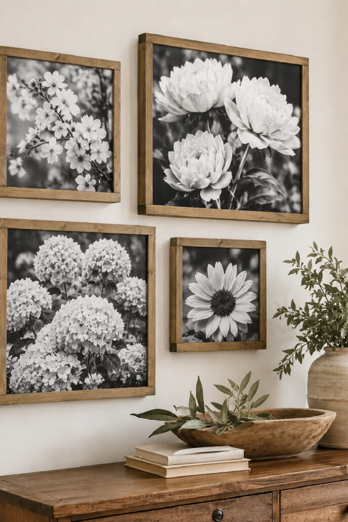 DIY wood frames for canvas featuring black-and-white floral artwork displayed in a modern farmhouse gallery wall.