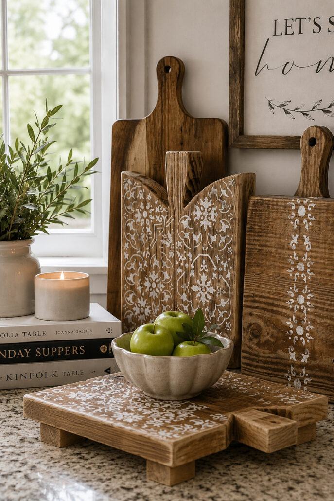 DIY table risers and decorative wooden cutting boards styled on a bright modern farmhouse kitchen countertop. One engraved wood riser lies flat holding a ceramic bowl of green apples, while matching decorative cutting boards stand behind it beside cookbooks, an olive plant, and a candle, creating a warm, cozy kitchen display.