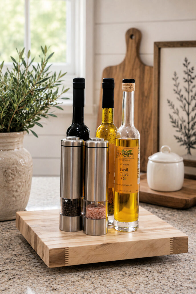 DIY wooden lazy Susan displayed on a bright modern farmhouse kitchen countertop, styled with olive oil bottles, salt and pepper grinders, and everyday cooking essentials.