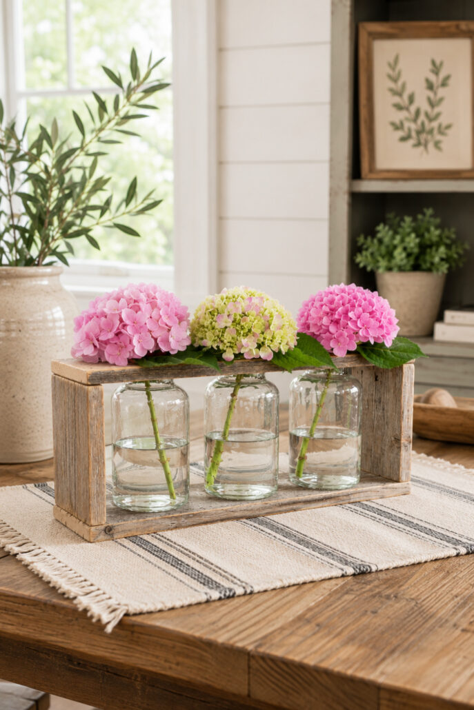 DIY rustic wood vase holder centerpiece with three glass jars filled with pink and green hydrangeas, styled on a farmhouse dining table with a neutral striped runner and simple cottage decor.