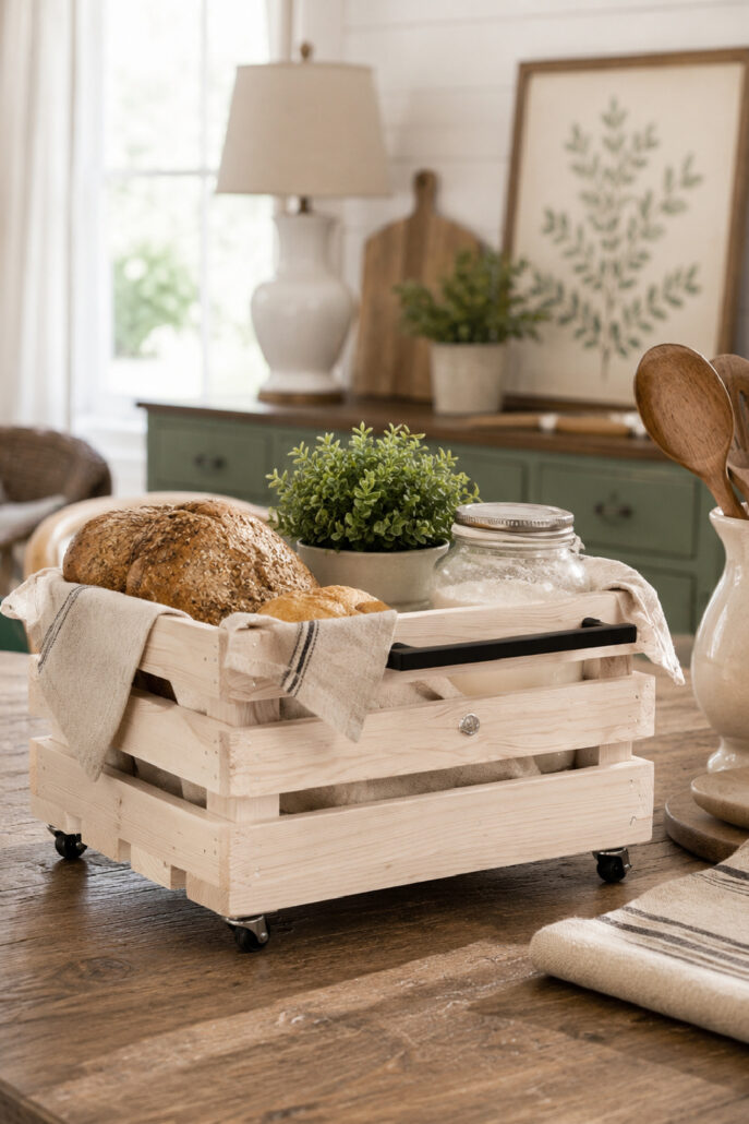 DIY rolling wood crate storage with caster wheels styled with bread, greenery, and a glass jar on a rustic farmhouse kitchen table.
