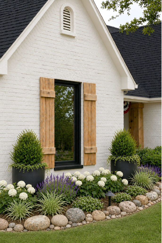 White brick farmhouse exterior with DIY natural wood shutters, black-framed window and black roof, surrounded by white hydrangeas, purple flowers, ornamental grasses, black planters, and a natural border of mixed-size round rocks.