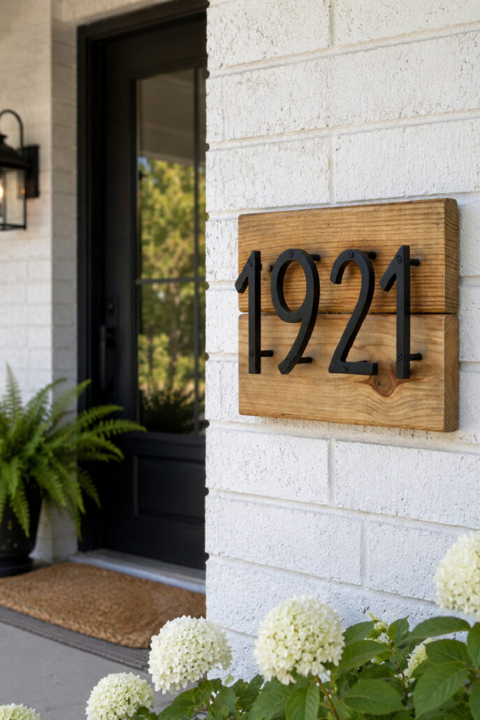 DIY modern house number sign made from natural leftover wood with black metal numbers, mounted on a white brick exterior beside a black front door with simple farmhouse landscaping.