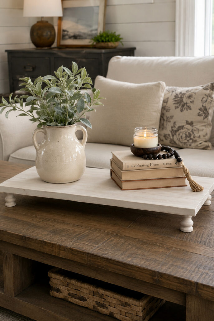 DIY white wood table riser styled on a rustic coffee table with greenery, stacked books, a candle, and simple farmhouse decor in a cozy neutral living room.