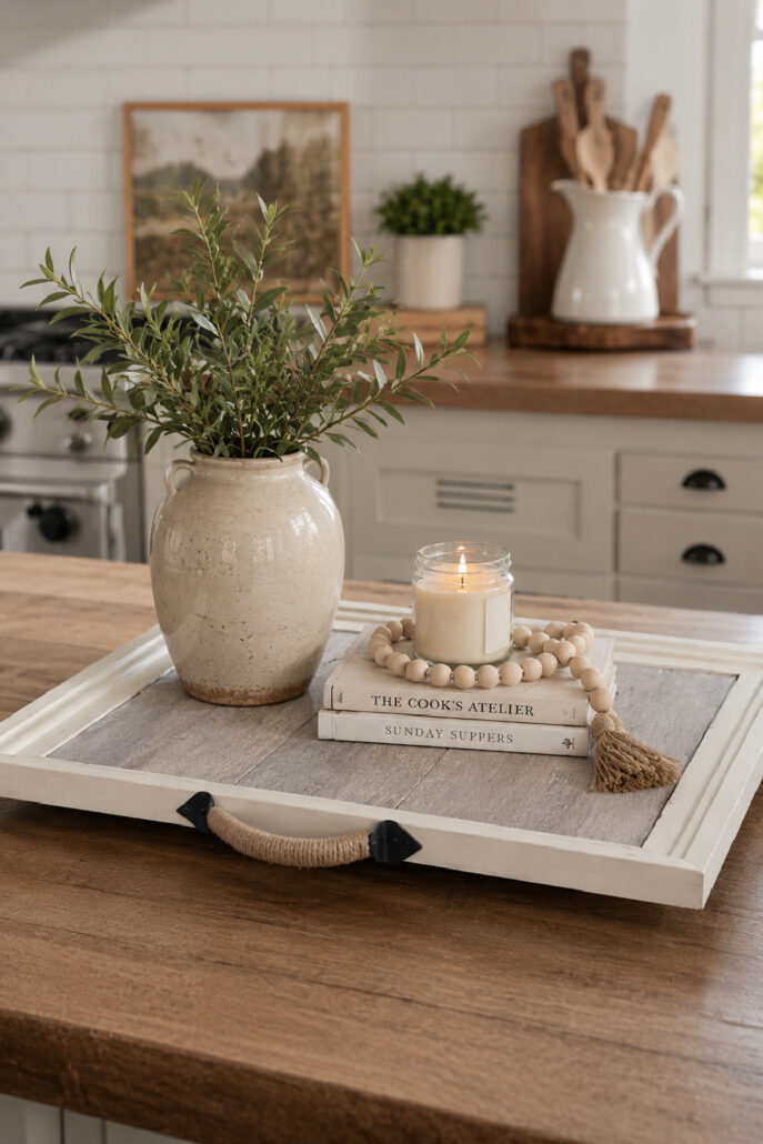 DIY picture frame tray with a white distressed frame and rustic wood center, styled with greenery and a candle on a farmhouse kitchen island.