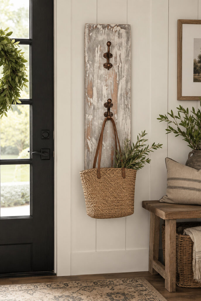 DIY wall coat hanger made from distressed wood with vintage hooks, styled beside a black front door with a hanging woven basket in a cozy farmhouse entryway.