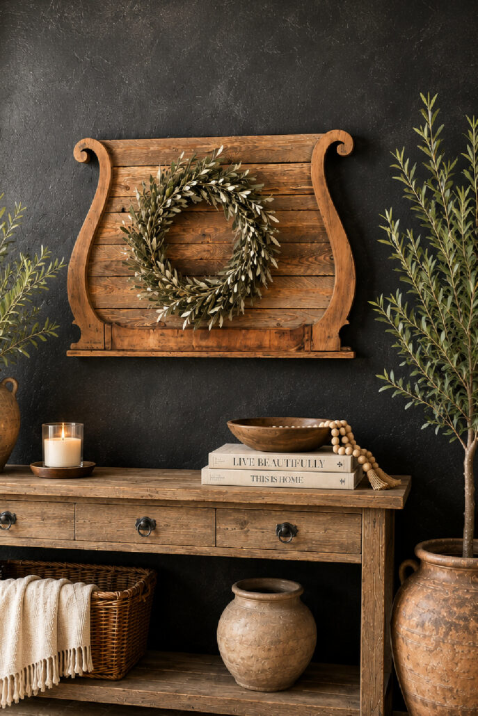 Reclaimed wood wreath frame with an olive branch wreath displayed on a textured black wall above a rustic console table in a bright Tuscan-inspired entryway.