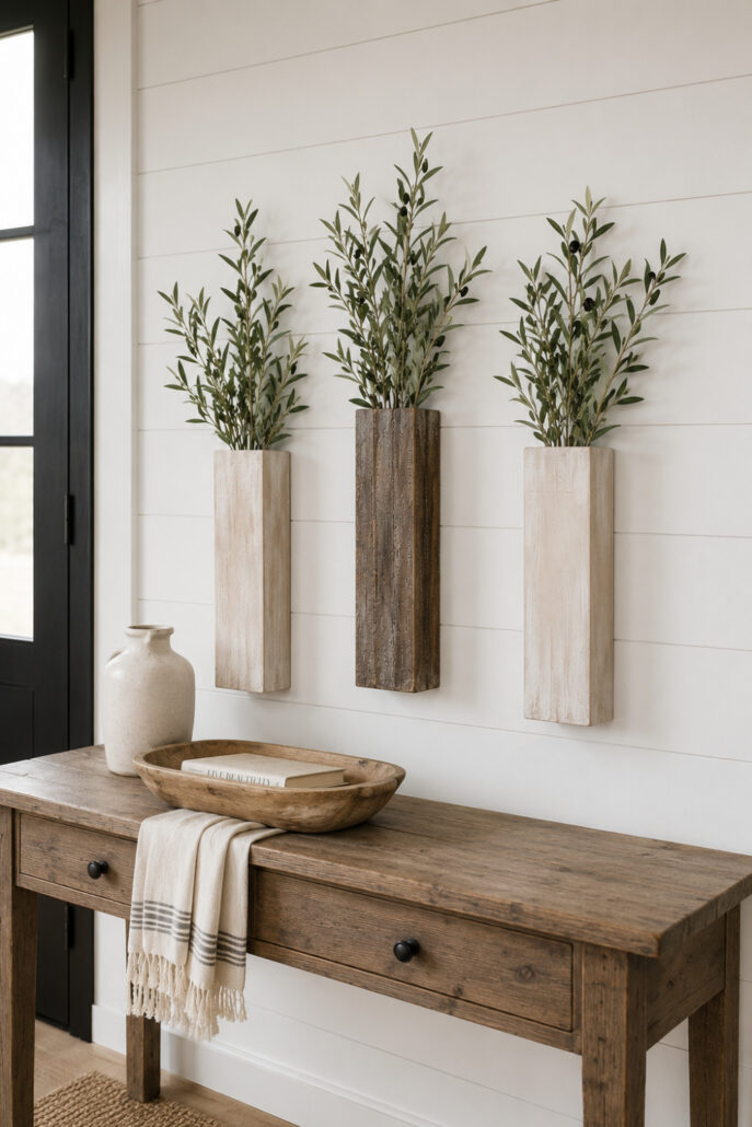 Three DIY wood wall pockets filled with olive branches displayed on a white shiplap wall above a rustic wood console table in a minimal farmhouse entryway.