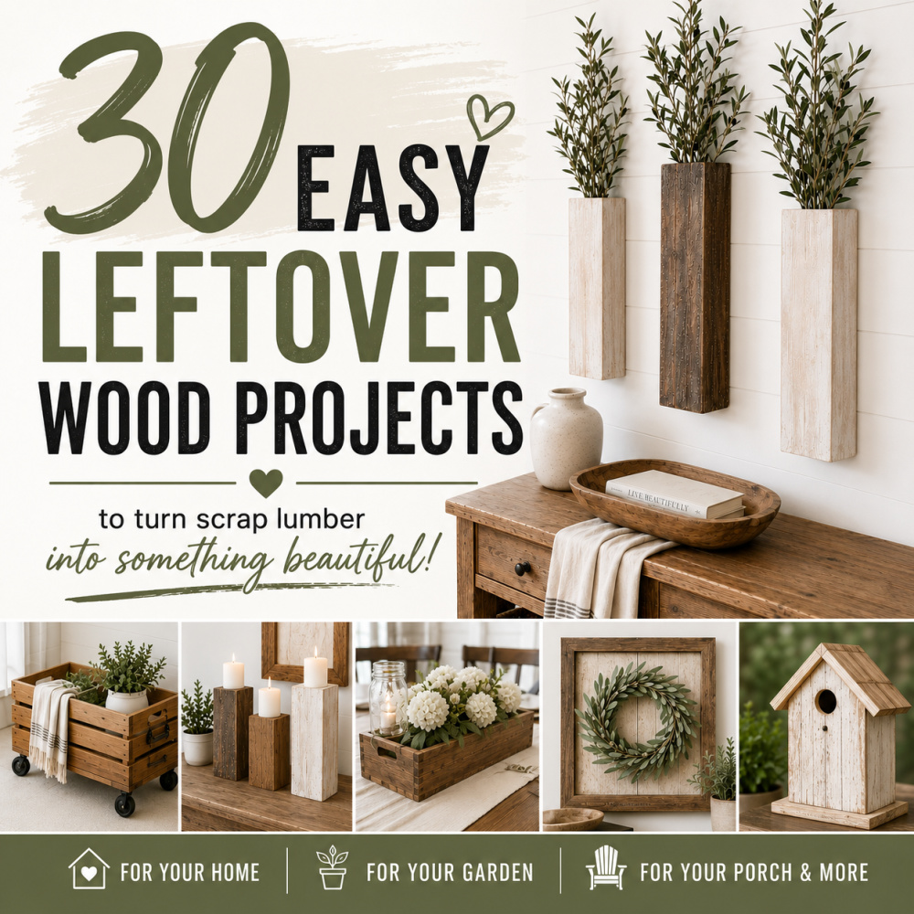 30 easy leftover wood projects with DIY wood wall pockets, rolling crate, candle holders, centerpiece, wreath frame, and birdhouse made from scrap lumber.