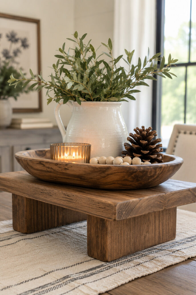 DIY decorative wood riser made from leftover wood styled on a farmhouse dining table with a carved wooden dough bowl, white ceramic pitcher filled with olive branches, pinecone, candle, and natural wood beads.
