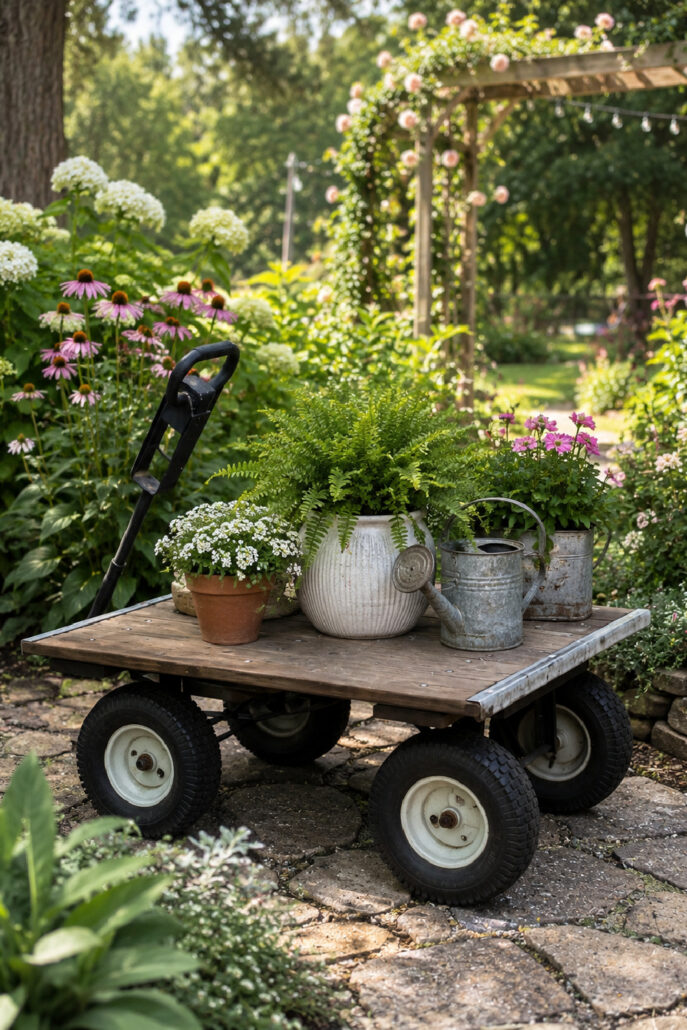 DIY flatbed garden cart styled as a charming rolling garden display with potted flowers, a lush fern, and a vintage watering can. The wooden garden wagon sits on a stone path surrounded by colorful cottage garden blooms, climbing roses, and a rustic arbor.