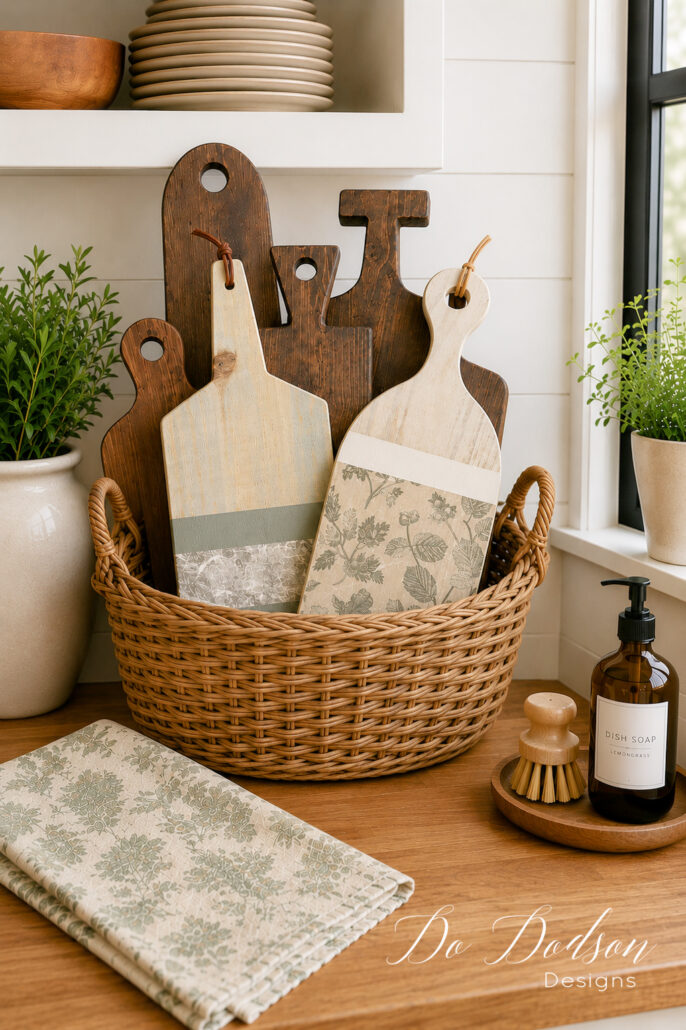 DIY decorative cutting boards displayed in a woven basket on a farmhouse kitchen countertop. The painted and decoupaged wood boards are styled with greenery, a wood dish brush, dish soap, and patterned tea towels for warm cottage-inspired kitchen decor.
