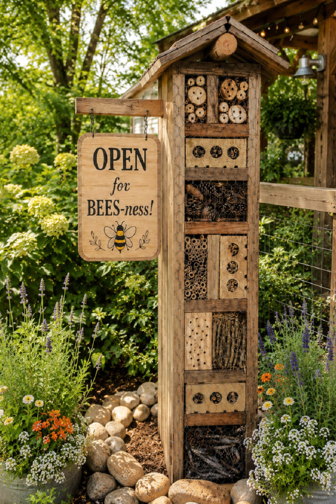 Rustic DIY bug hotel made from reclaimed wood, logs, bamboo, and pinecones, displayed in a colorful cottage garden with flowering plants, river rocks, and a handmade "OPEN for BEES-ness!" sign to welcome pollinators.