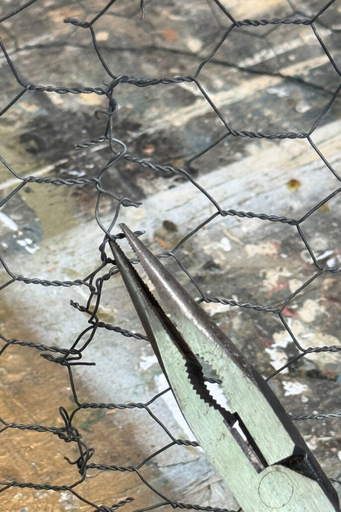 Close-up of needle-nose pliers twisting the overlapping edges of chicken wire together to secure the seam while making a DIY chicken wire cloche. This easy garden cloche DIY project creates a sturdy wire cage for protecting flowers, herbs, and young vegetable plants.