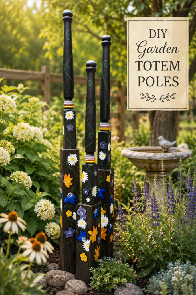 DIY painted garden totem poles made from reclaimed wood displayed in a colorful cottage garden with blooming flowers, river rocks, and a vintage birdbath.