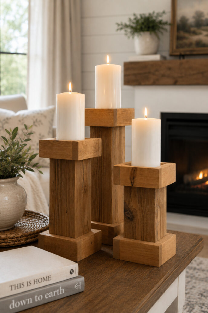 Three DIY wooden pillar candle holders made from leftover wood displayed on a rustic farmhouse coffee table with white pillar candles, stacked books, a ceramic vase with greenery, and a cozy fireplace in the background.