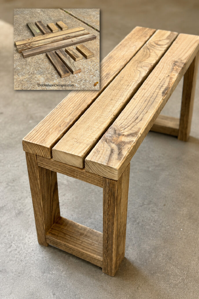 DIY scrap wood bench made from leftover lumber, featuring a simple modern design with three slatted top boards and sturdy rectangular legs.