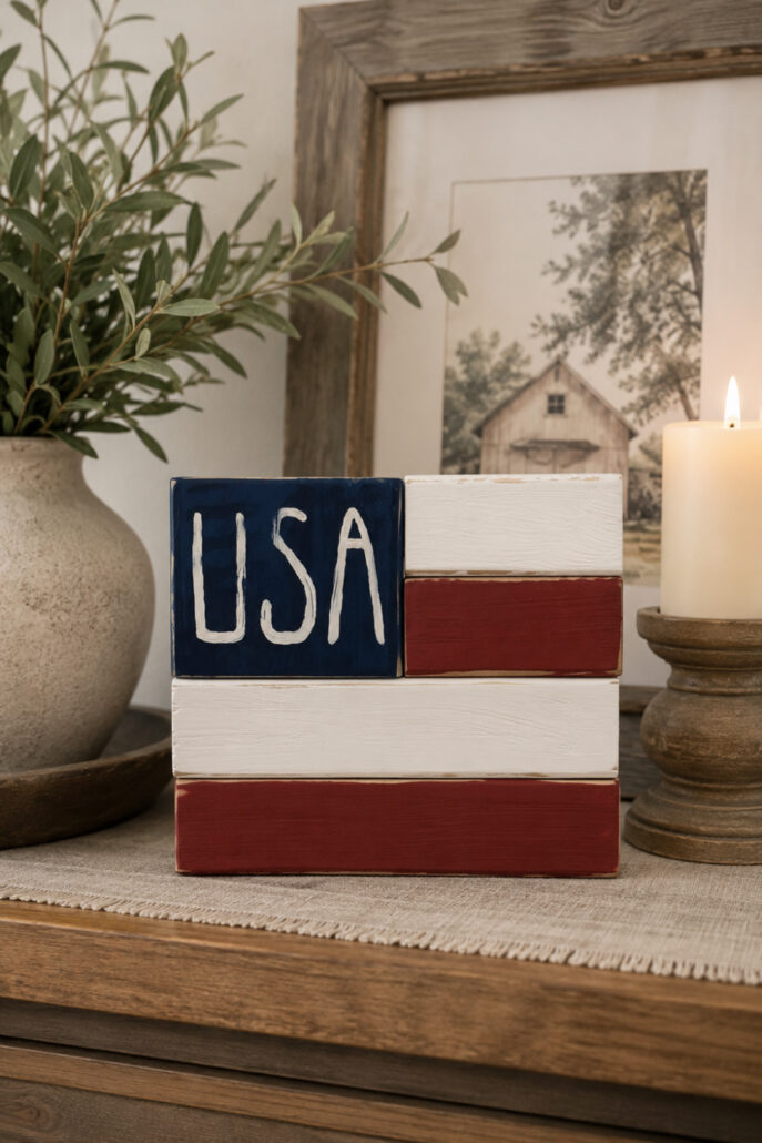 Handmade DIY patriotic wood block craft styled on a rustic farmhouse table with a white ceramic vase of greenery, vintage books, a rope knot, and reclaimed wood frame.