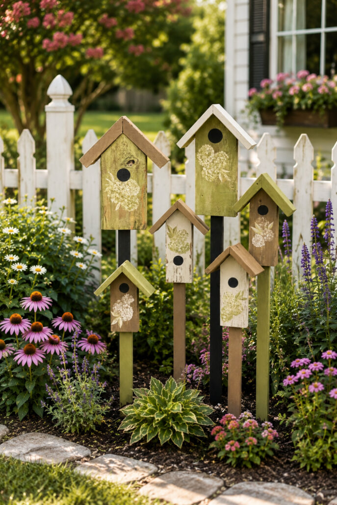 Six DIY decorative wooden birdhouses on stakes displayed in a colorful cottage garden with blooming coneflowers, daisies, and lush greenery. The handmade birdhouses feature vintage botanical floral designs and are styled in front of a white picket fence for charming farmhouse garden decor.