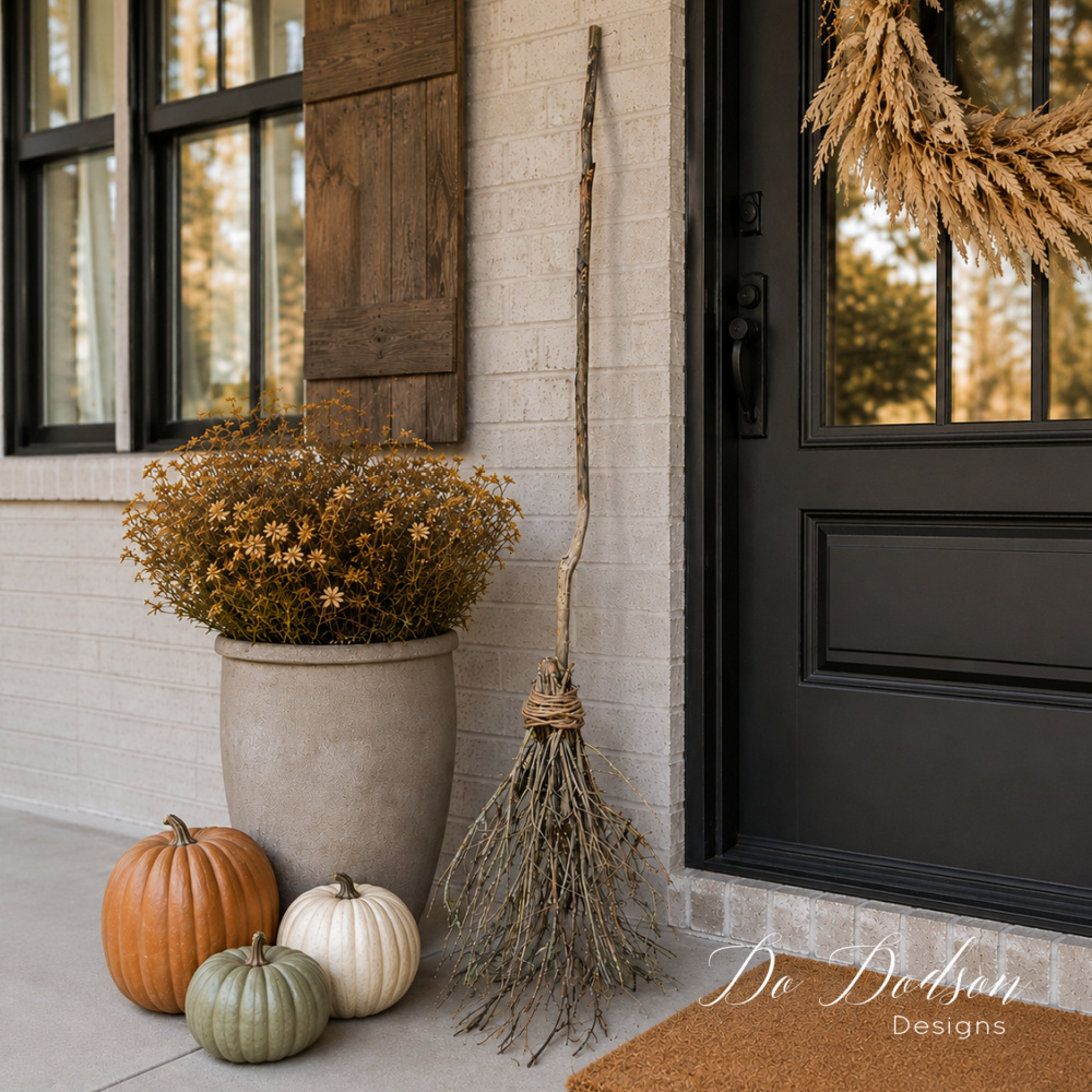 Rustic DIY witch’s broom made from branches and jute rope styled with pumpkins and fall decor on a farmhouse front porch.