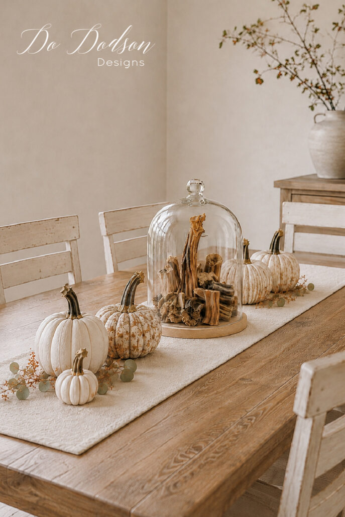 Modern farmhouse dining table centerpiece featuring a glass cloche filled with dried pumpkin stems, surrounded by neutral pumpkins and distressed white chairs.