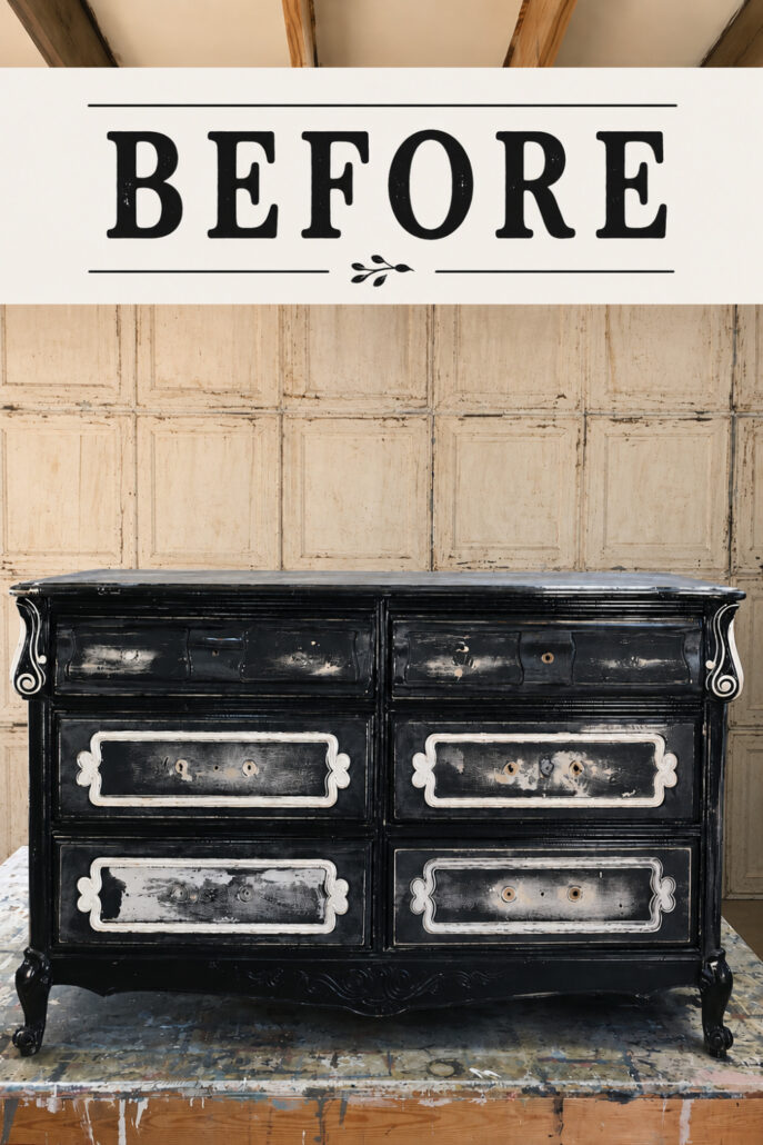 Before photo of a damaged black French Provincial dresser with worn paint and missing hardware, ready for a roadside furniture makeover.