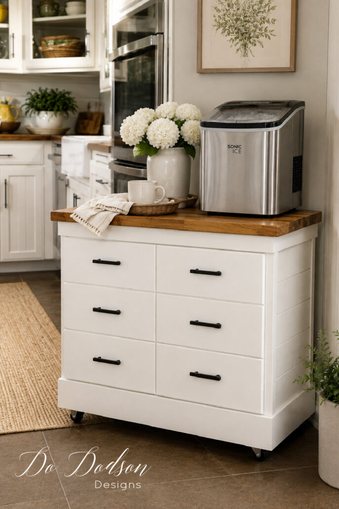 Facebook Marketplace cabinet makeover with white shiplap, butcher block top, black hardware, and a countertop ice maker styled in a bright farmhouse kitchen.