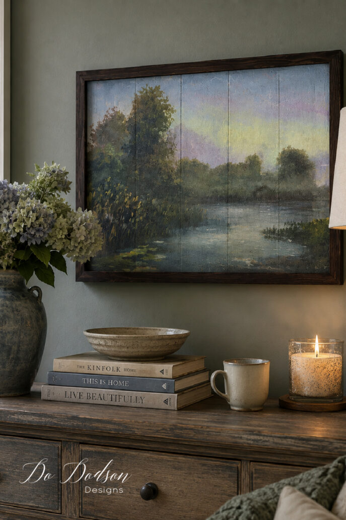Decoupage rice paper landscape art displayed above a rustic wood dresser with blue-green farmhouse decor and hydrangeas.