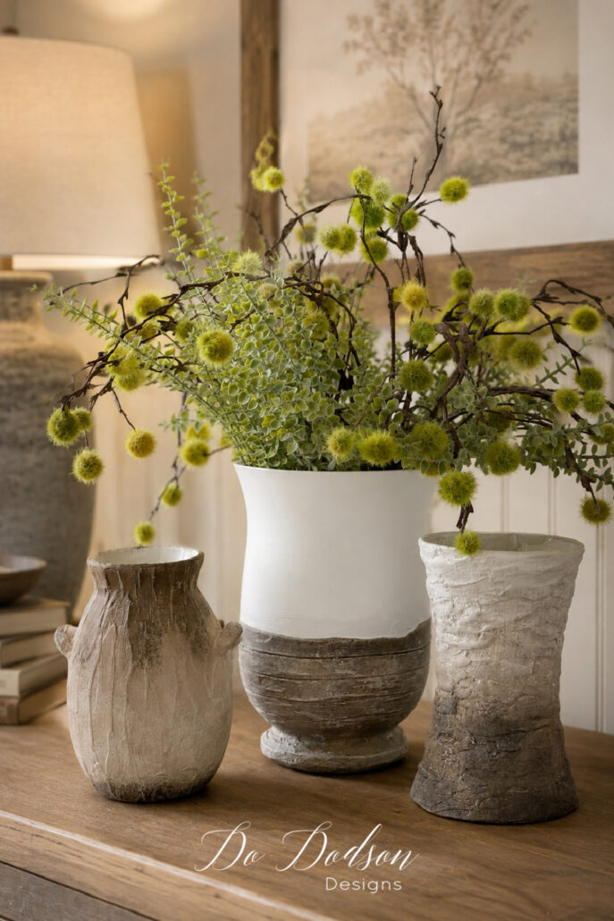 Thrift store vases transformed with textured paint into Pottery Barn-inspired decor, styled with greenery in a warm farmhouse setting.